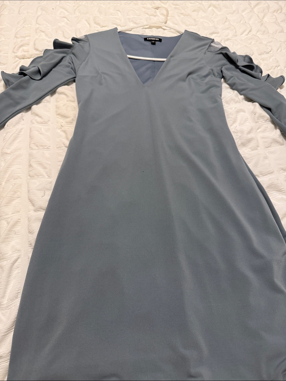 Express Dusty Blue Long Sleeve V-Neck Ruffle Dress